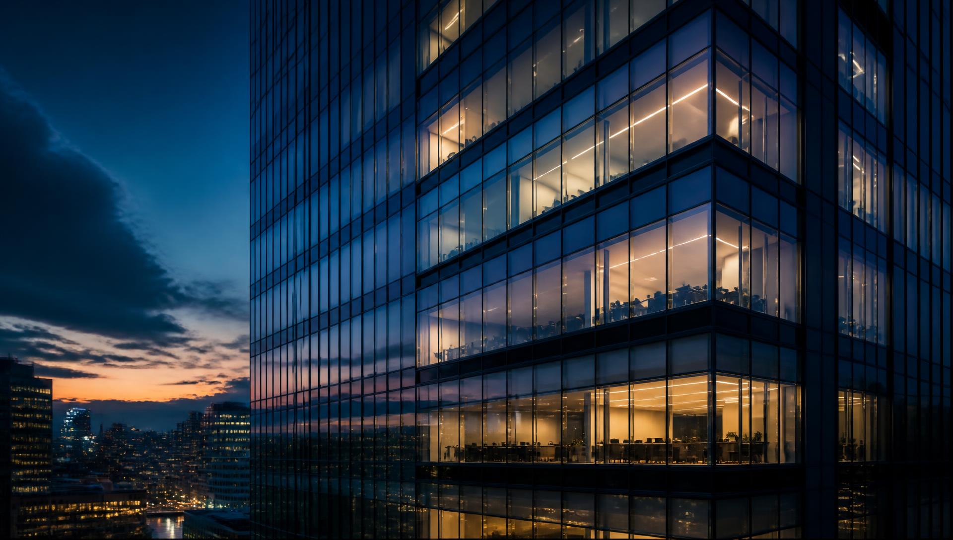 Corporate office tower at dusk